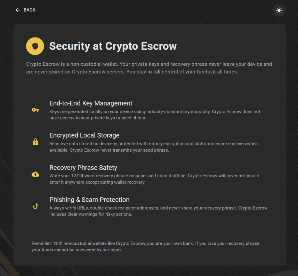 Crypto Escrow security page highlighting non-custodial wallet protection, end-to-end key management, encrypted local storage, recovery phrase safety guidelines, and phishing protection measures.